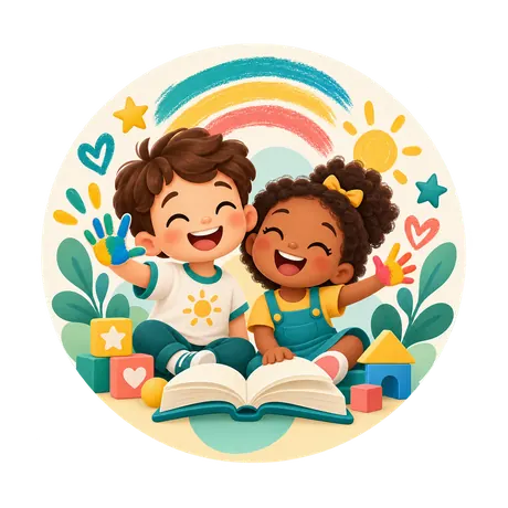 Ilustração de crianças aprendendo, pintando e explorando livros e brincadeiras